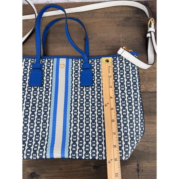 Tory Burch Gemini Link Small Tote Blue Coated Canvas Crossbody Bag Purse Carryon - Picture 13 of 16